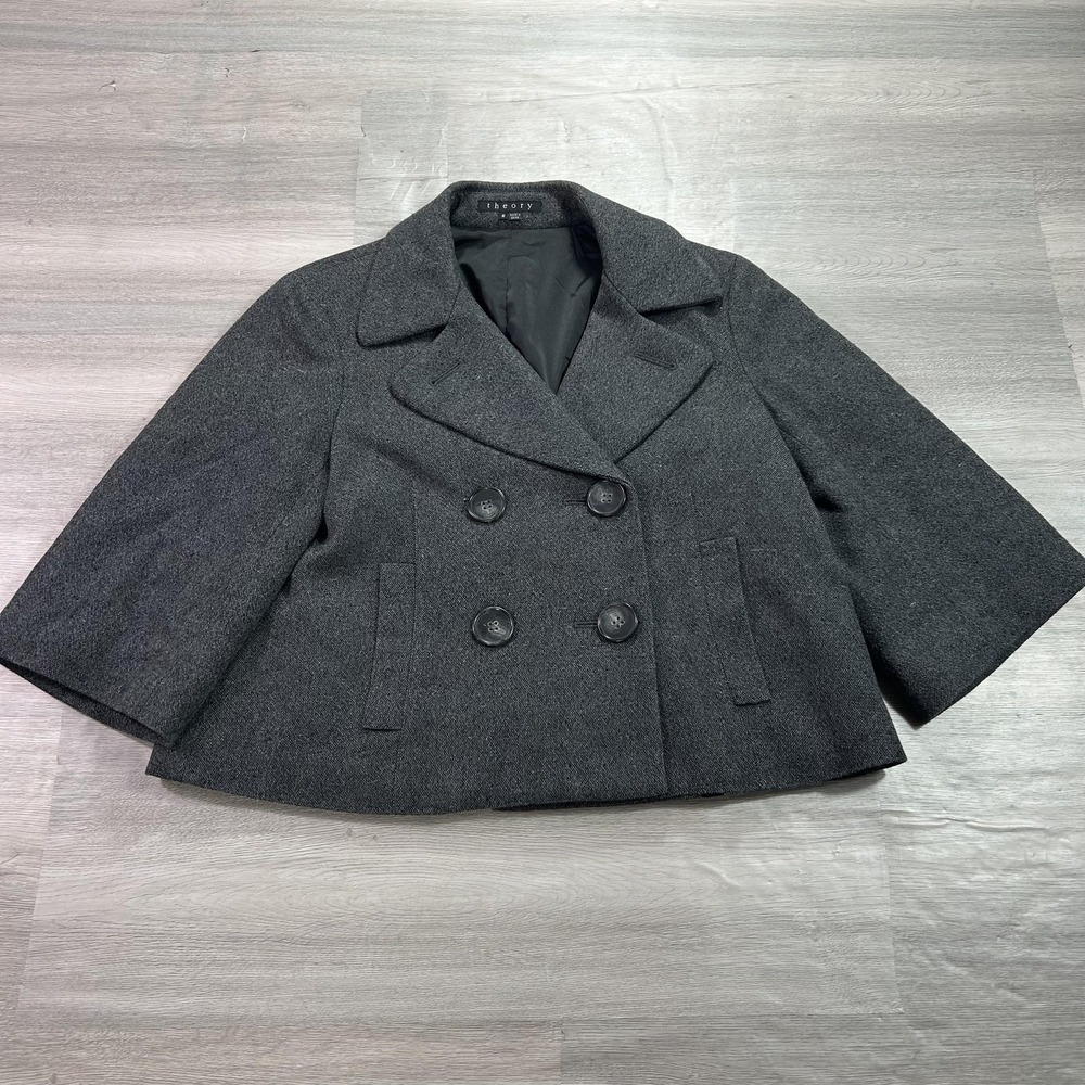Theory‎ Coat Womens Medium Gray Wool Blend Cropped Tweed Pea Jacket 3/4 Sleeve